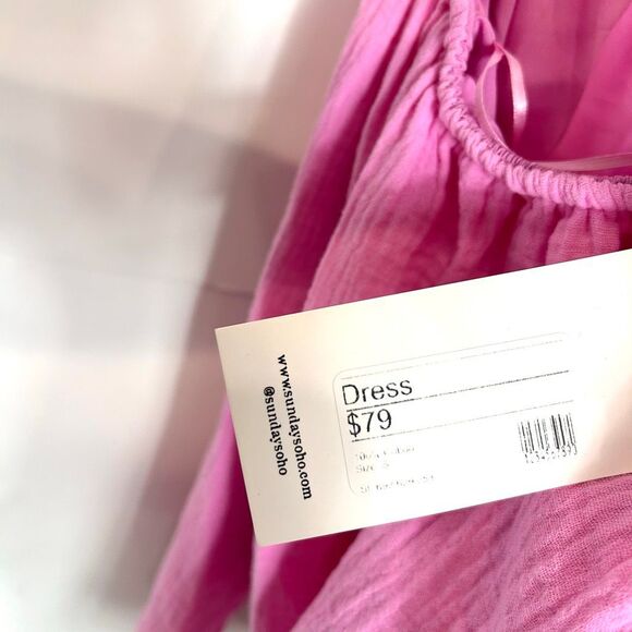 NWT Sundays Dress Gauze Cotton Small Pink Mini Open zip Back Short Puff Sleeve - Picture 16 of 16